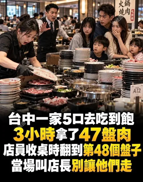 台中吃到飽5人狂嗑47盤肉，第48盤一翻店員急叫店長 第 1 張